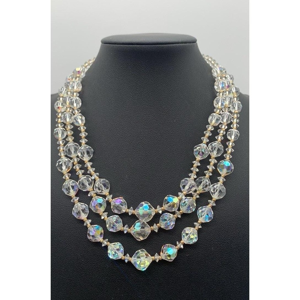 Vintage Vendome Triple Strand Aurora Borealis AB Faceted Crystal Necklace